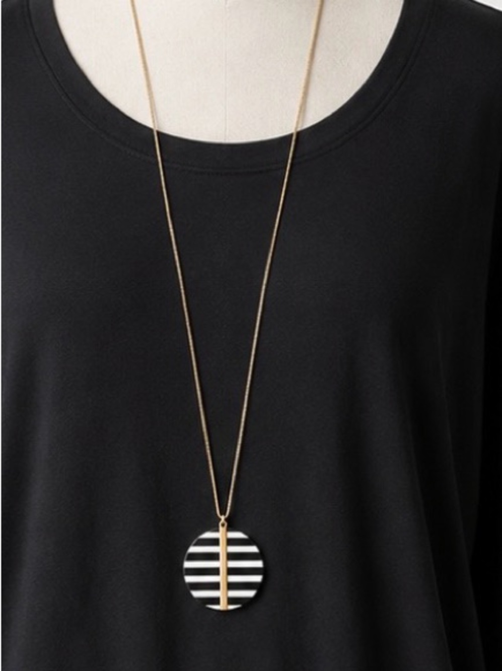 Gold Pendant Necklace with Black & White Striped Disc - Women Jewelry
